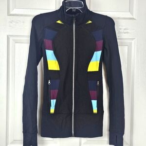 Lululemon Nice Asana Align Jacket Black/Pow Stripe Split Pea Size 2 P2P 15" Luon